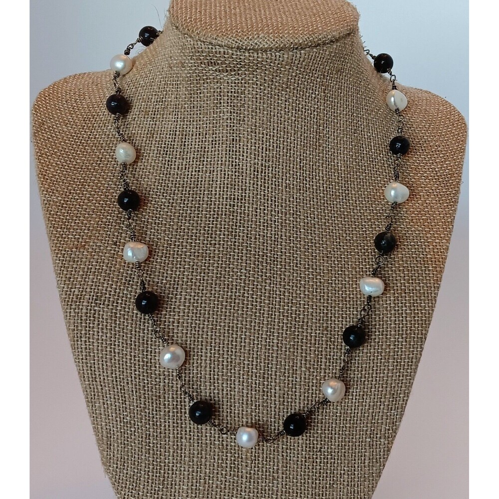 Vintage Artisan Sterling Silver Genuine Pearl & Black Moonstone Beaded Necklace